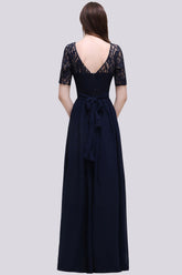 Affordable Lace Scoop Dark Navy Bridesmaid Dresses with Half-Sleeves-27dress